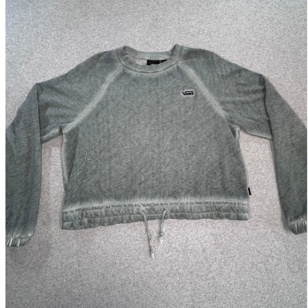 Vans Sweatshirt Women Small Gray Green‎ Good Acid Wash Cropped Raglan Drawstring